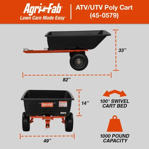 Vista 2 de Agri-Fab 45-0579 Carrito Volquete de Polietileno de 1,000 lb para Remolcar, 17 PIES CÚBICOS; Carrito/Remolque de Césped y Jardín para Cortadoras
