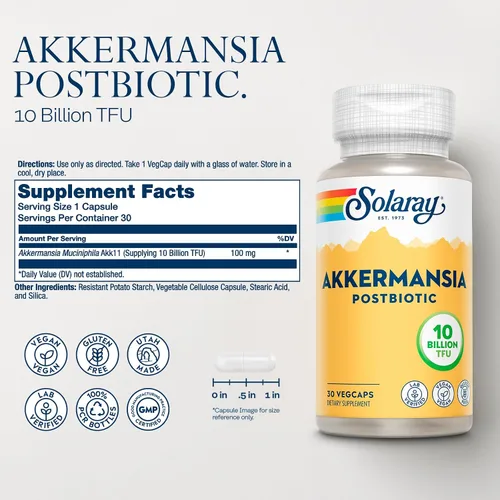 Vista 2 de SOLARAY Akkermansia Postbiotic, Akk11, 10 mil millones de TFU, cepa beneficiosa para apoyo a la salud intestinal, vegano, sin gluten, garantía de 60