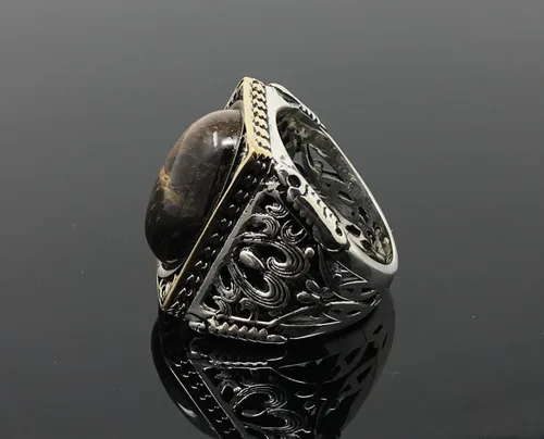 Vista 5 de KAR Anillo grande de plata de ley 925K con sello de ojo de tigre I1P