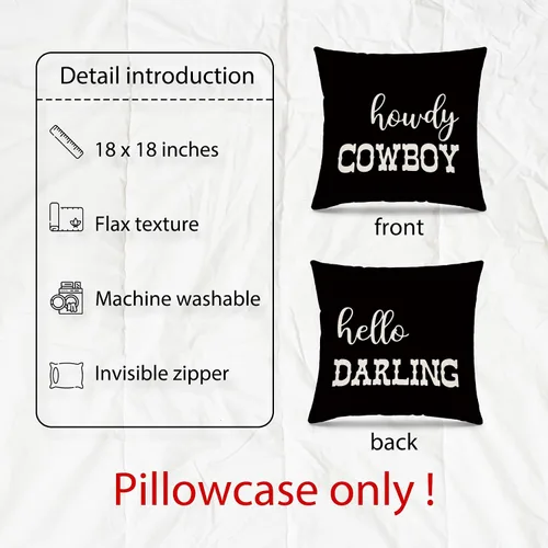 Vista 6 de Funda de Almohada Decorativa para Dormitorio Estilo Occidental, Regalos de Vaquero Vaquera para Adolescentes Niñas Niños, Fundas de Almohada Black_3