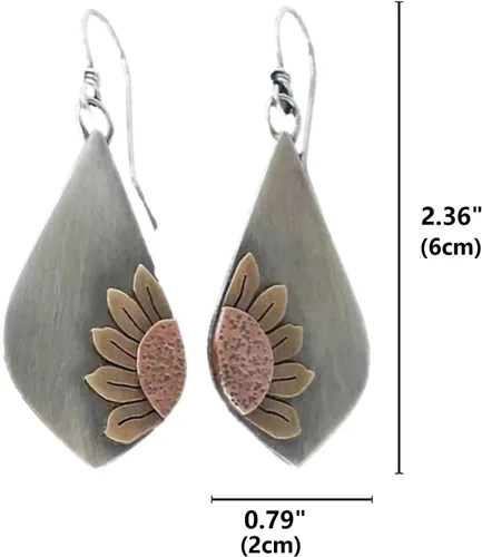 Vista 3 de Aretes bohemios, aretes de plata, aretes de flores, aretes étnicos colgantes para mujeres y niñas, hechos a mano, bohemios, modernos y vintage