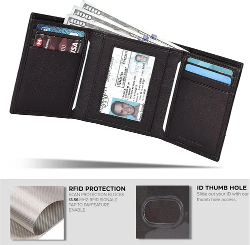 Vista 6 de Tri fold Leather Wallet for Men with RFID Slim Wallets for Men with 1 ID and 6 Credit card slots Front Pocket Minimalist