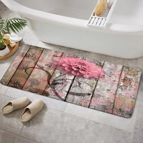 Vista 50 de JAWO Alfombra de baño con flores de granja, dalia en tablones de madera rústica, juego de tapetes de baño con flores azules, en forma de U