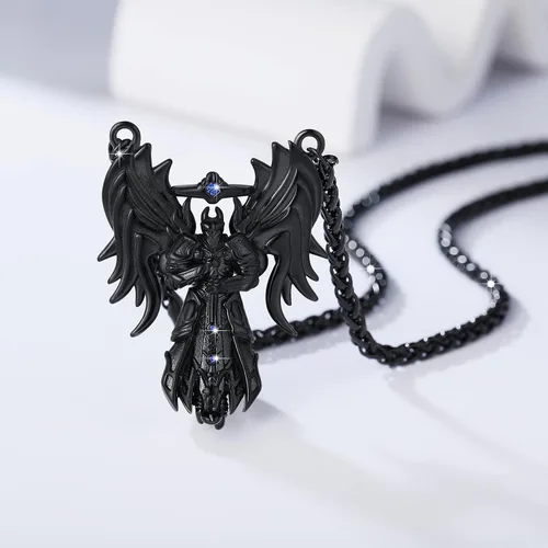 Vista 2 de YAMI Collar de alas angulares para hombre, ángel de la guarda, dragón, cuervo, pulpo, collar de anime, collar de acero inoxidable 316