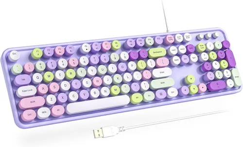 Vista 11 de Atelus Teclado USB con cable con retroiluminación de 7 colores, teclado de tamaño completo con teclas retro, teclado numérico y tecla de acceso