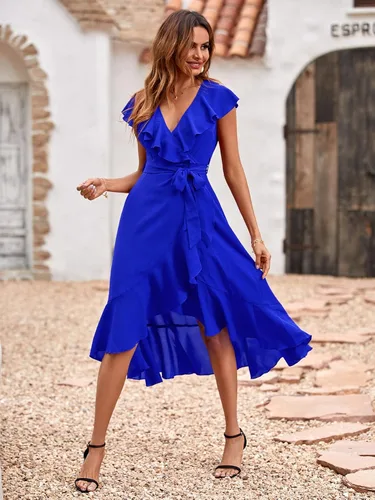 Vista 4 de MakeMeChic Vestido midi de manga corta con cuello en V profundo y volantes para mujer