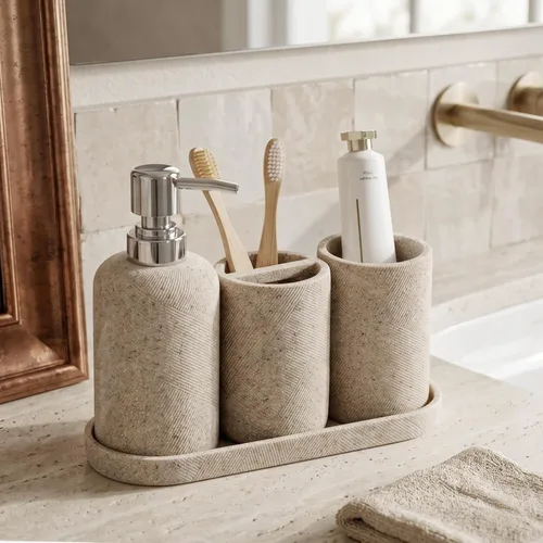 Vista 2 de Juego de accesorios de baño, organizador de baño para encimera, dispensador de jabón y soporte para cepillo de dientes, taza de enjuague bucal