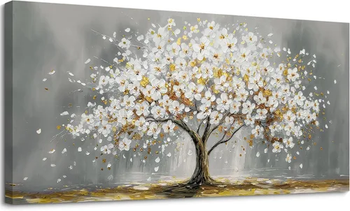 Vista 10 de SLYCAY Lienzo grande con árbol de la vida dorado para pared, pintura de paisaje, naturaleza, nieve, montaña, lago, paisaje, decoración de pared