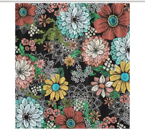 Vista 29 de Cortina de ducha con 12 ganchos para baño, 72 x 72 pulgadas, diseño floral bohemio con hojas tropicales retro y florales (bohemio floral-1)