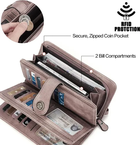 Vista 5 de BROMEN Billeteras de cuero para mujer, cartera grande de mano para teléfono, 2-Púrpura, Casual