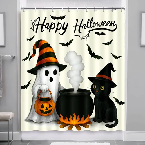 Vista 5 de Tieshankao Decoración de baño de Halloween, cortina de ducha de calabaza fantasma, gato, decoración espeluznante con 12 ganchos de 72 x 72 pulgadas
