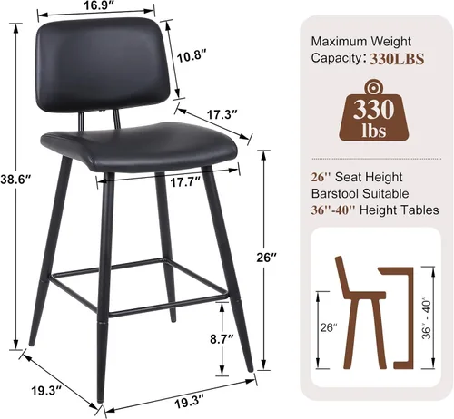 Vista 2 de Juego de 3 taburetes de bar de altura de mostrador, sillas de isla de cocina modernas de piel sintética de 26 pulgadas con respaldo y patas