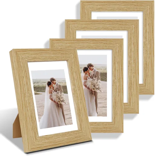 Vista 78 de Hongkee - Juego de 4 portarretratos de 4 x 6 pulgadas, hechos de vidrio real y marco de madera negro, exhibición en pared o mesa, para fotos de 3.5