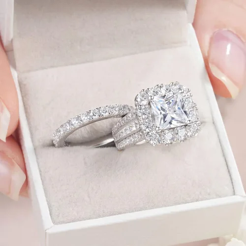 Vista 8 de Sheloves - Juego de anillos de compromiso de boda con halo de princesa AAAAA CZ para mujer, plata de ley 925 5-10