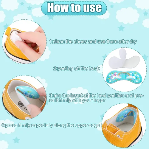 Vista 6 de Geyoga 12 piezas de insertos de zapatos para niños, agarre extra pegajoso, almohadillas de talón suaves para zapatos sueltos que evitan roces