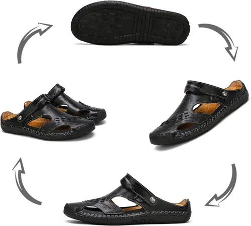 Vista 2 de MIXSNOW Sandalias de cuero para hombre, zapatos de agua casuales de verano, para caminar, al aire libre, playa, viajes, pantuflas (negro 42), Negro