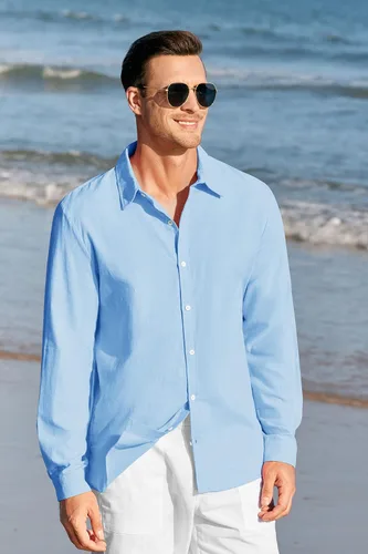Vista 3 de Camisas con botones para hombre, manga larga, lino, playa, casual, algodón, para verano, ligeras