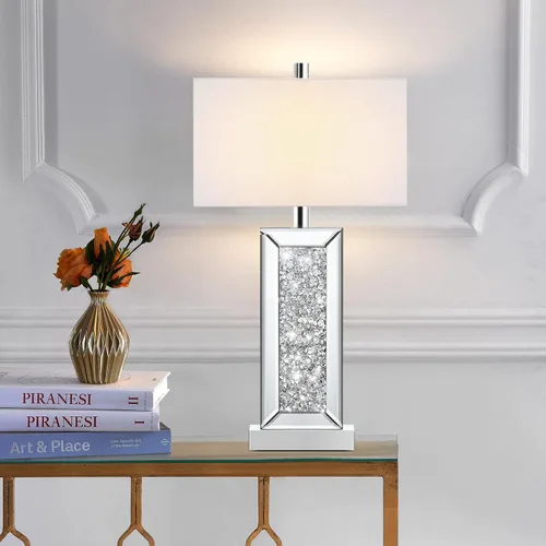Vista 6 de Juego de 2 lámparas de mesa modernas con control táctil, lámpara de noche de espejo plateado con gran cristal de diamante, con puertos USB C+A