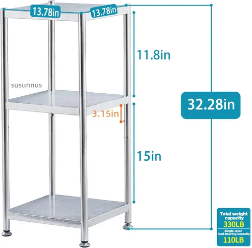 Vista 2 de susunnus Estantes de acero inoxidable de 13.8 pulgadas - 3 niveles, estante esquinero, estantes de almacenamiento, metal estrecho, estante de acero