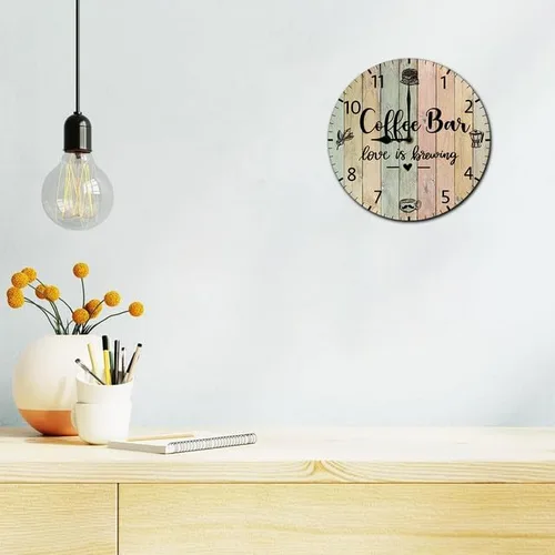 Vista 3 de Reloj de pared para cafetería, decoración de pared, funciona con pilas, sin tictac, cuarzo silencioso, analógico, rústico, rústico, reloj redondo