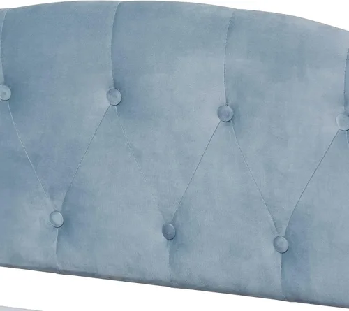 Vista 6 de Baxton Studio Benjamin - Sofá cama de tamaño matrimonial de madera con acabado marrón claro moderno y contemporáneo de terciopelo azul claro