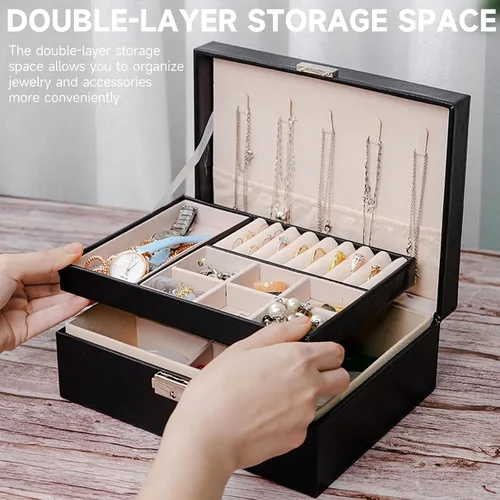 Vista 3 de Meschett Joyero de 2 capas, organizador de joyería de piel sintética con cerradura y bandeja extraíble, organizador de joyas para anillos, aretes