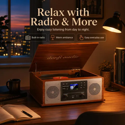Vista 9 de Reproductor de discos multimedia 10 en 1 con altavoces, reproductor de CD, receptor Bluetooth, radio por Internet, grabación USB, tocadiscos de 3