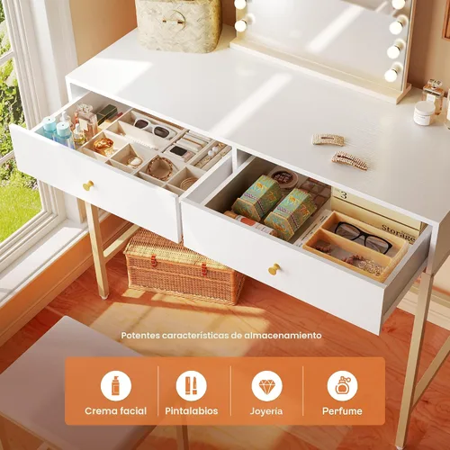 Vista 5 de SUPERJARE Escritorio blanco y dorado de 35.4 pulgadas con 2 cajones, tocador de maquillaje moderno con taburete acolchado, escritorio pequeño