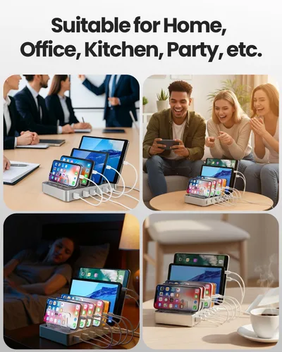 Vista 8 de Estación de carga USB de 6 puertos con 6 cables incluidos, concentrador de carga rápida para iPhone, teléfono celular, tableta, reloj inteligente