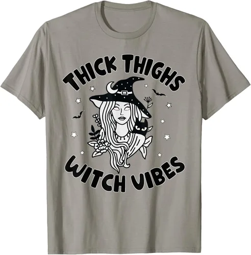 Vista 9 de Camiseta de bruja de Halloween con muslos gruesos para mujer, Gris