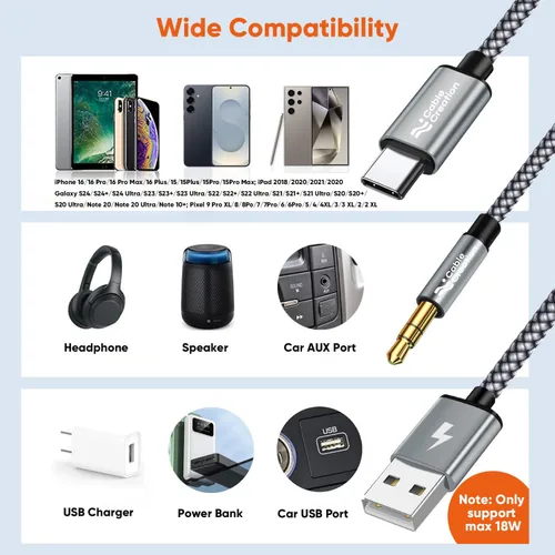 Vista 7 de CableCreation USB C a 3.5mm Cable de Audio con Cable de Carga USB, Cable Auxiliar para Coche, Tipo C a Jack Auxiliar para Auriculares, Estéreo