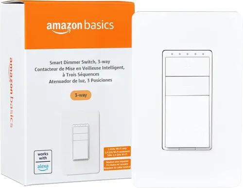 Vista 10 de Amazon Basics - Interruptor inteligente de 3 vías, funciona solo con Alexa, Wi-Fi de 2.4 GHz, no requiere concentrador, color blanco