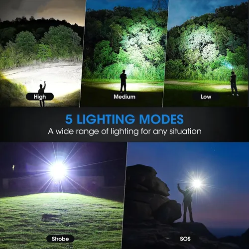 Vista 7 de Linternas recargables, luz de flash súper brillante de alto lúmenes, 5 modos de luz táctica con zoom, linternas potentes de mano impermeables