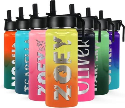 Vista 23 de Botella de agua personalizada para niños con tapa de popote en azul aguamarina degradado para la escuela, nombre personalizado para niños, 18 onzas