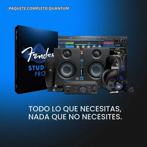 Vista 7 de Paquete completo de grabación Fender Quantum con interfaz USB Quantum LT2, micrófono, altavoces, auriculares y software de grabación. Paquete todo