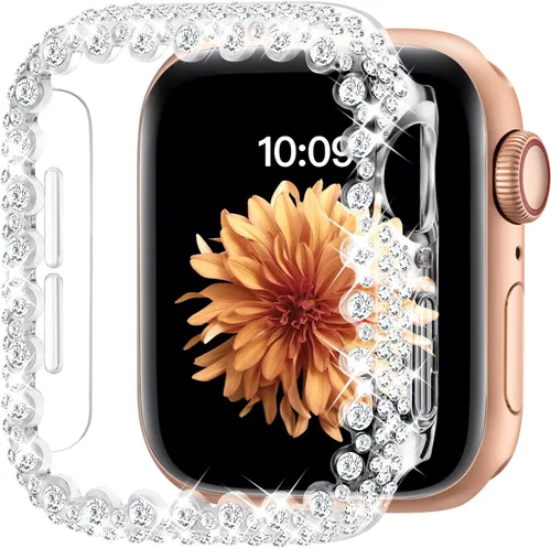 Vista 12 de Funda Bling Compatible con Apple Watch Series 6/5/4/SE 3/SE 2/SE 40mm, Protector de Cara de Diamante para Mujeres, Protector de Marco Duro de PC