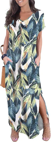 Vista 24 de GRECERELLE - Vestido largo para mujer, holgado, con bolsillos, manga corta y abertura lateral, estilo informal Verde militar
