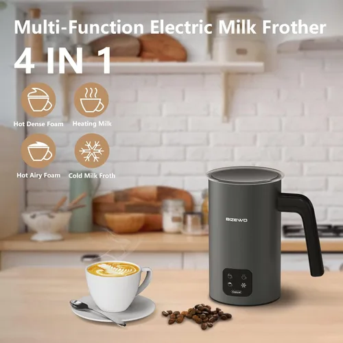 Vista 2 de BIZEWO Espumador de leche eléctrico, vaporizador de leche caliente y fría, calentador de leche automático 4 en 1 de acero inoxidable con pantalla
