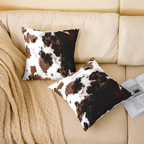 Vista 2 de Juego de 2 fundas de almohada con estampado de piel de vaca de 16"x16", fundas de cojín de piel de vaca para sala de estar, dormitorio, casa