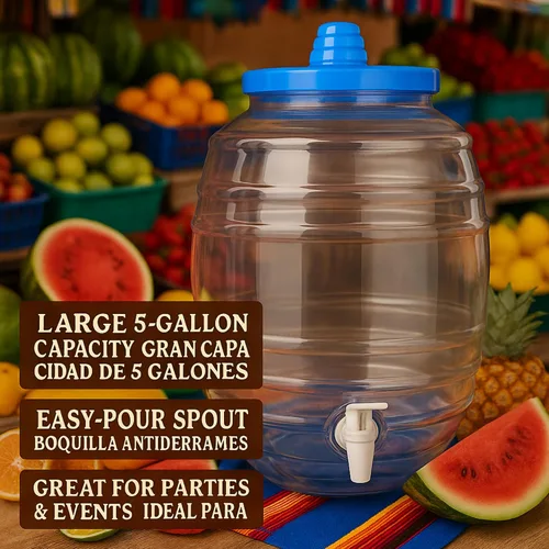 Vista 2 de Jarra de 5 galones con boquilla, dispensador de bebidas mexicanas Vitrolero Tapadera Aguas Frescas de jugo de agua, recipiente transparente de 20 L