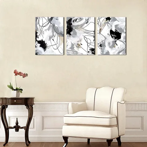 Vista 6 de Lienzo abstracto para pared, para dormitorio, baño, sala de estar, decoración de pared, negro, blanco, gris, moderno, abstracto, lienzo, impresiones