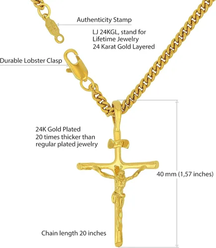 Vista 4 de LIFETIME JEWELRY Collar clásico de cruz para hombres y mujeres, chapado en oro real de 24 quilates, Metal