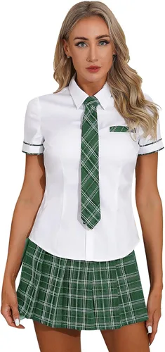 Vista 8 de Uniforme para mujer, disfraz de cosplay de manga corta, camisa de corbata con falda a cuadros, conjuntos de 3 piezas