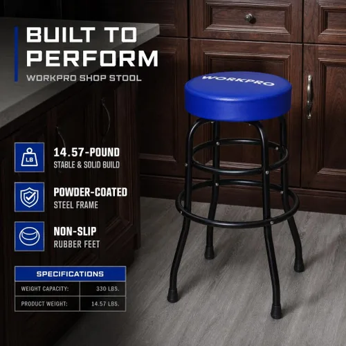Vista 10 de WORKPRO W112003 Taburete de garaje, taburete de garaje de construcción de acero resistente, asiento de cojín giratorio, patas y reposapiés
