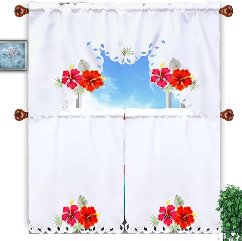 Vista 11 de Juego de cortinas bordadas de bastón de caramelo para ventana de cocina con cenefa y niveles para las fiestas navideñas (Bastón de caramelo)