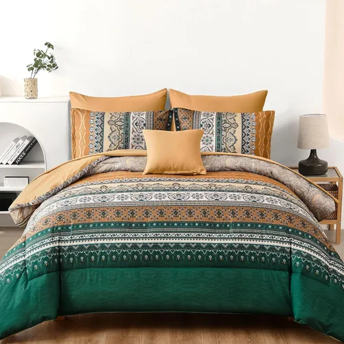 Vista 13 de Cottolester - Juego de edredón bohemio de tamaño matrimonial, 8 piezas, ropa de cama de microfibra suave en una bolsa, rayada y de color aguamarina