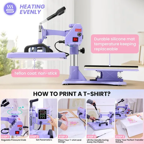 Vista 7 de AKEYDIY Prensa de calor, máquina de prensa de camisas de 15 x 12 pulgadas con accesorio de taza/plato/tapa, sombrero de impresión de camisa