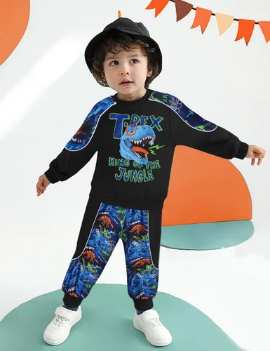 Vista 2 de KANGKANG Conjunto de sudadera de manga larga con estampado de letras para niños pequeños, conjunto de pantalones con estampado de dinosaurio
