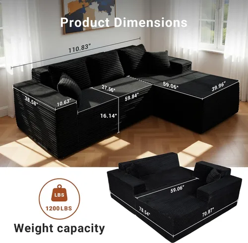 Vista 2 de YDN Sofá de sofá deshuesado de 110 pulgadas, sofás seccionales para sala de estar, sofá nube con diván, juego de sofá modular en forma de L, diván