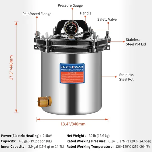Vista 5 de BAOSHISHAN - Autoclave de vapor de acero inoxidable (18 litros) Autoclave de presión portátil de 19 QT, 1KW, 110V